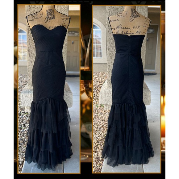 Lulus Strapless Black Tulle Pleated Trumpet Stunning Icon Maxi Dress Size M - Picture 6 of 12